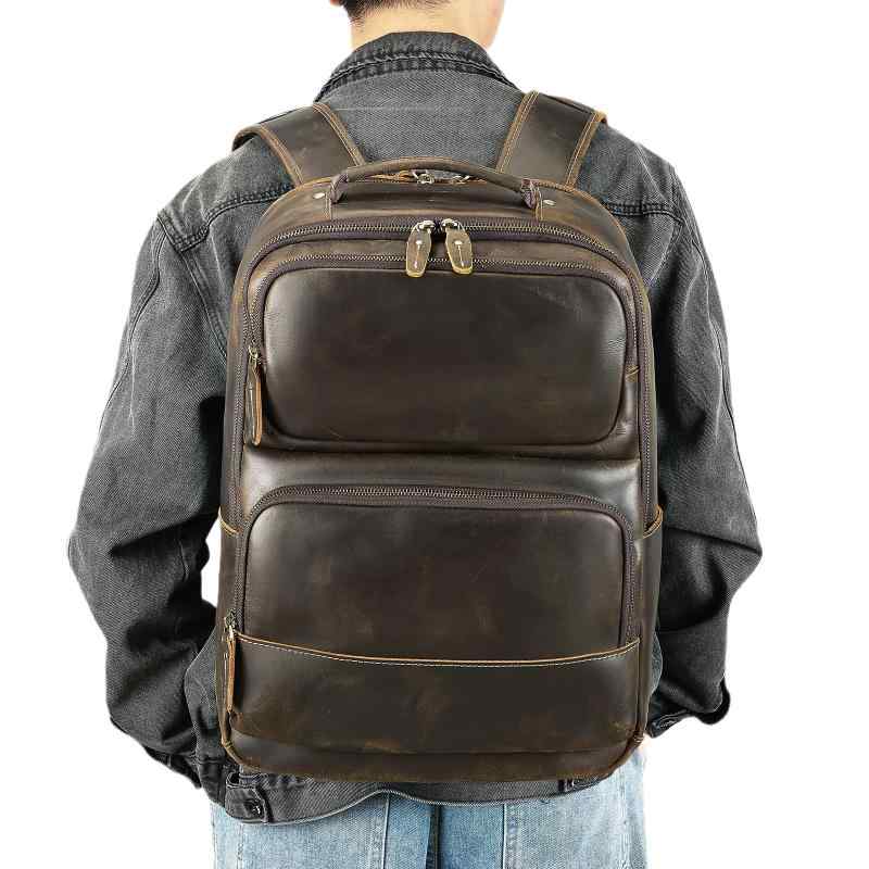 リュックサック メンズ 男性用 本革 牛革 クレイジーホースレザー 大容量 PC収納 ビジネス 出張 旅行 アウトドア 通勤 高級感 レトロ ヴィンテージ 耐摩耗性 ブラウン コーヒー