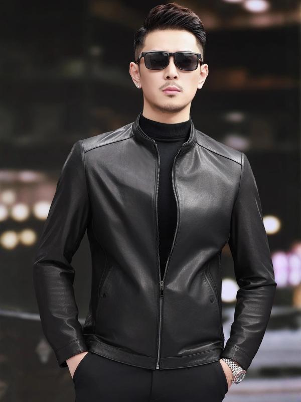 レザージャケット メンズ 男性用 本革 羊革 シングルライダース スタンドカラー 革ジャン アウター ジップアップ スリムフィット 植物タンニンなめし カジュアル ビジネス 春秋 ブラック 多ポケット
