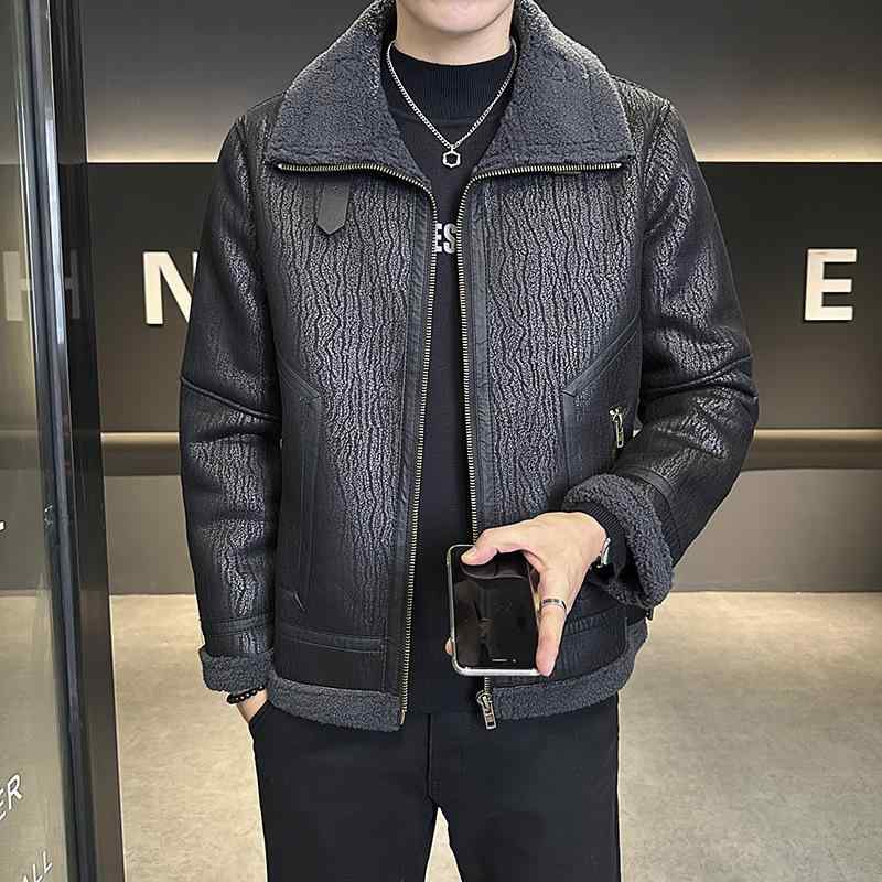 レザージャケット メンズ 裏ボア ボア襟 ムートン風 ライダース 革ジャン PUレザー 厚手 防寒 中綿 ジップアップ アウター 冬物 カジュアル キャメル ブラック|Hanbok Home