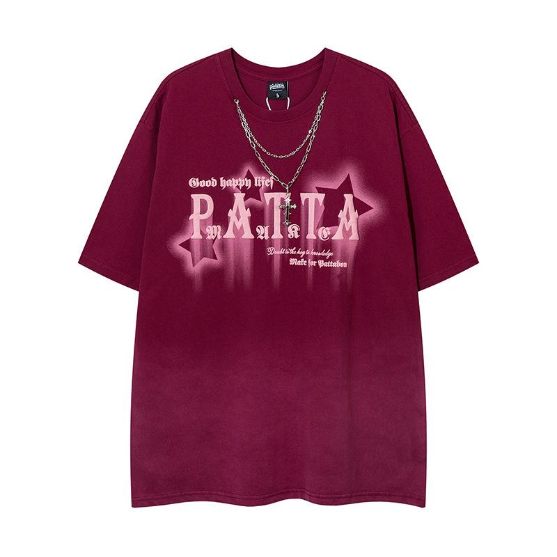 Tシャツ メンズ アメカジ ストリート系 ヒップホップ グラデーションカラー 発泡ロゴプリント チェーン付き 半袖 ゆったり ルーズフィット コットンブレンド 通気性 ラウンドネック ブラック ワインレッド 春夏