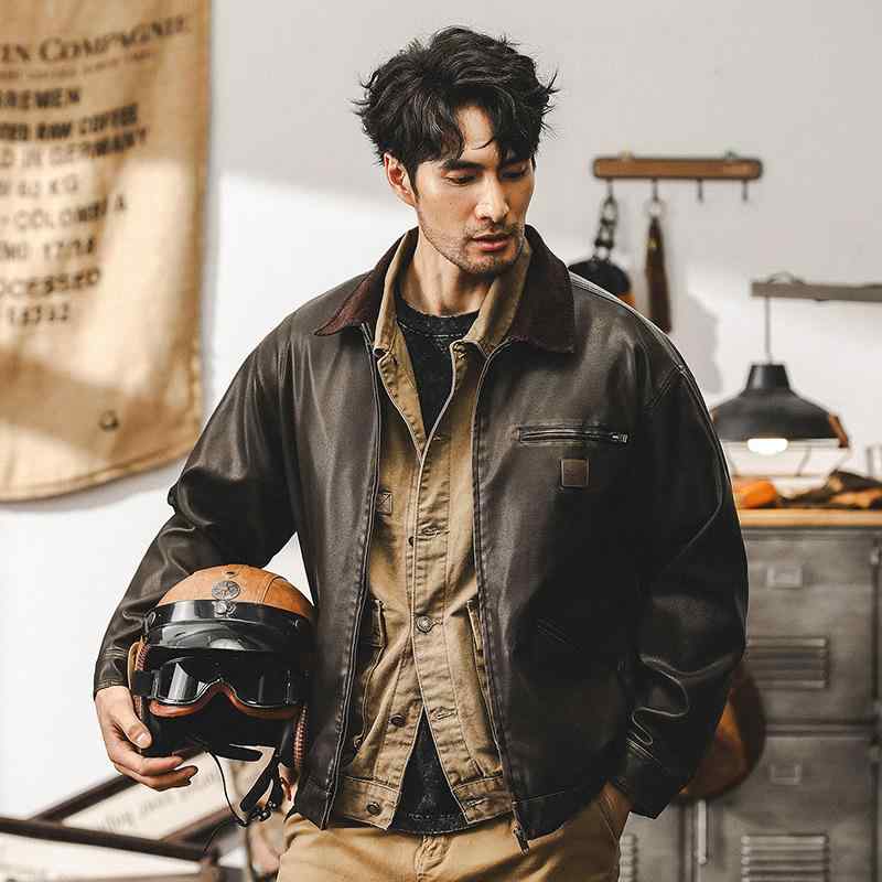 メンズ レザージャケット ライダースジャケット アメリカンレトロ アメカジ ワイルド クール PUレザー ブルゾン アウター ゆったり ルーズフィット ミドル丈 襟付き ジップアップ 多ポケット 秋冬 メラードカラー ブラウン系 トレンド