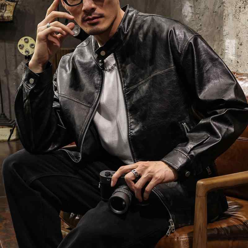レザージャケット メンズ ハリントン PUレザー ブラウン ヴィンテージ加工 ウォッシュ加工 スタンドカラー ルーズフィット ゆったり 通気性 デイリーユース 春秋 アウター