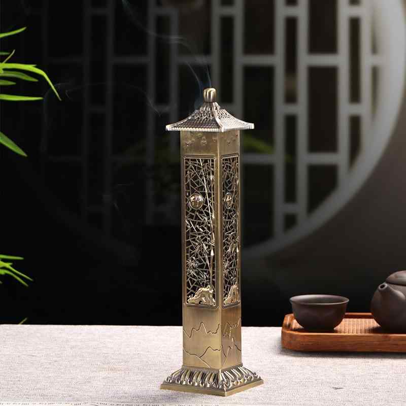 香炉 竹モチーフ 縁起物 開運 縦型 スタンド式 透かし彫り 精巧彫刻 金属製 アンティークブロンズ 古銅色 茶道 香道 置物 禅風 和風 インテリア 自宅用 リビング 書斎 寝室 癒やし 瞑想 線香立て 沈香 白檀対応