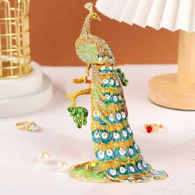 ジュエリーボックス 金属製 合金製 琺瑯 エナメル 孔雀 ラインストーン グリーン 精巧 上品 高級感 ユニーク アクセサリーケース 宝石箱 ホームインテリア 置物 飾り ギフト プレゼント