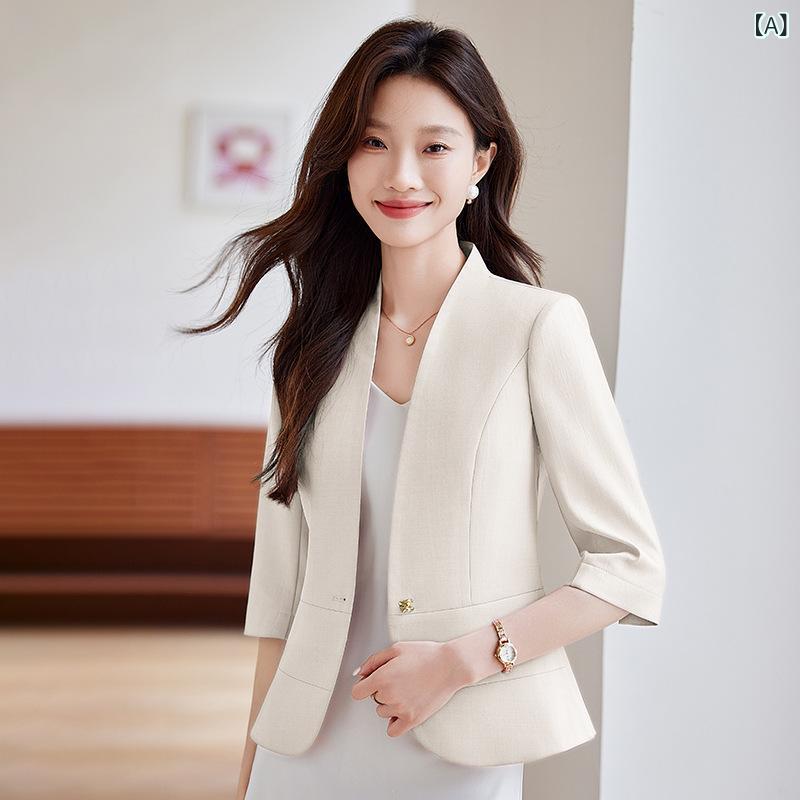 ジャケット レディース 女性用 春夏 高級感 ノーカラー デザイン 七分袖 ショート丈 スーツ 上着 トップス 通勤 オフィス イージーケア ポリエステル 無地 アプリコット ピンク ブラック 4,732円