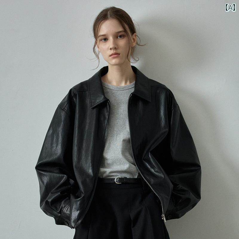レザージャケット レディース 女性用 ライダースジャケット レトロ ヴィンテージ風 合成皮革 フェイクレザー ファスナー 襟付き ゆったり ビッグシルエット 九分丈袖 ブラック 黒 秋 通勤 カジュアル アウター