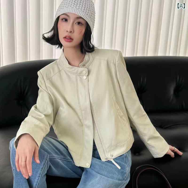 ライダースジャケット レディース 女性用 韓国ファッション レトロ フェイクレザー PUレザー ショート丈 スタンドカラー ジップアップ スモーキーブルー 甘辛ミックス クールカジュアル 小柄向け アウター 秋冬 7,748円