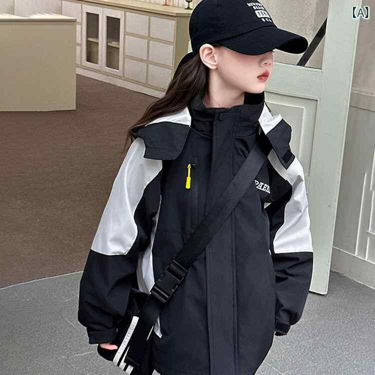 マウンテンパーカー 女の子 ジュニア 3way フード付き 切り替え ジップアップ ゆったり ビッグシルエット 韓国風 秋冬 綿 コットン アウトドア スポーツ ミドル丈