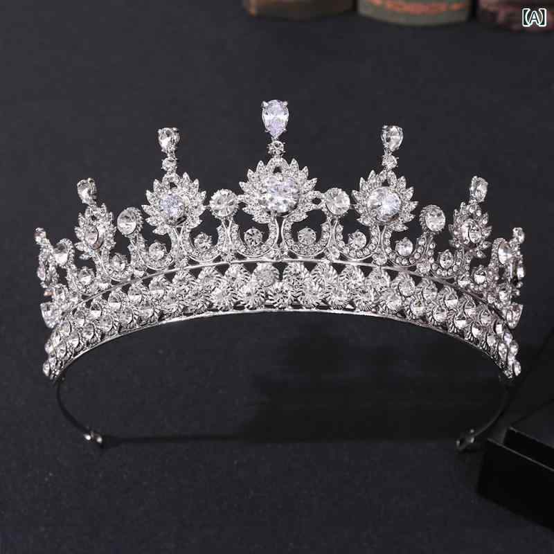 ティアラ 新婦 王冠 結婚式 ウェディング ブライダル パーティー 披露宴 前撮り ジルコニア ラインストーン 合金製 宮廷風 豪華 華やか エレガント 上品 ゴージャス キラキラ ヘッドドレス 髪飾り シルバー ゴールド クリア