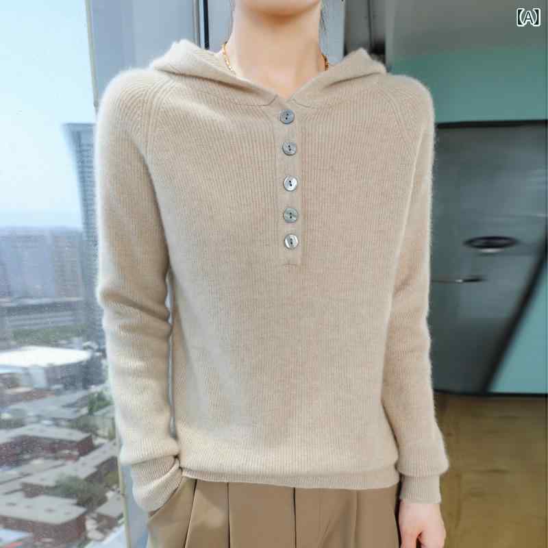 ニット レディース 秋冬 厚手 カシミヤ混 ウール 無地 フード付き 長袖 プルオーバー ゆったり 華奢見え 着回し ベーシック 防寒 暖かい 柔らかい 伸縮性 重ね着 インナー 上質 普段着 シンプル