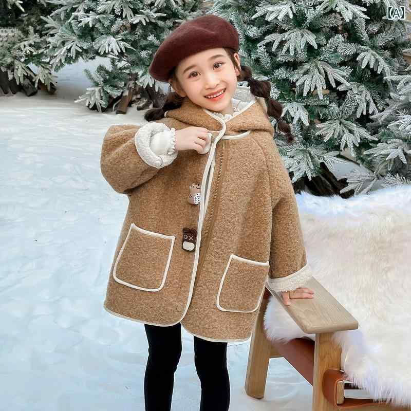 コート 女の子 キッズ ジュニア 秋冬 厚手 裏ボア メルトン調 ポリエステル リボン かわいい おしゃれ フード付き 丸襟 長袖 ミドル丈 ジップアップ カーキ レッド
