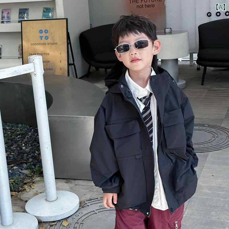 ジャケット 男の子 キッズ ボーイズ 韓国風 ファッション アウター ゆったり フード付き ジップアップ 長袖 春秋 ポリエステル 立体ポケット カジュアル トップス
