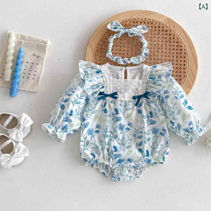 ロンパース 女児 ベビー 新生児 ブルー 青色 長袖 フリル袖 綿100% カバーオール ボディスーツ 春秋 かわいい 韓国ファッション プルオーバー 安心安全 ベビーウェア