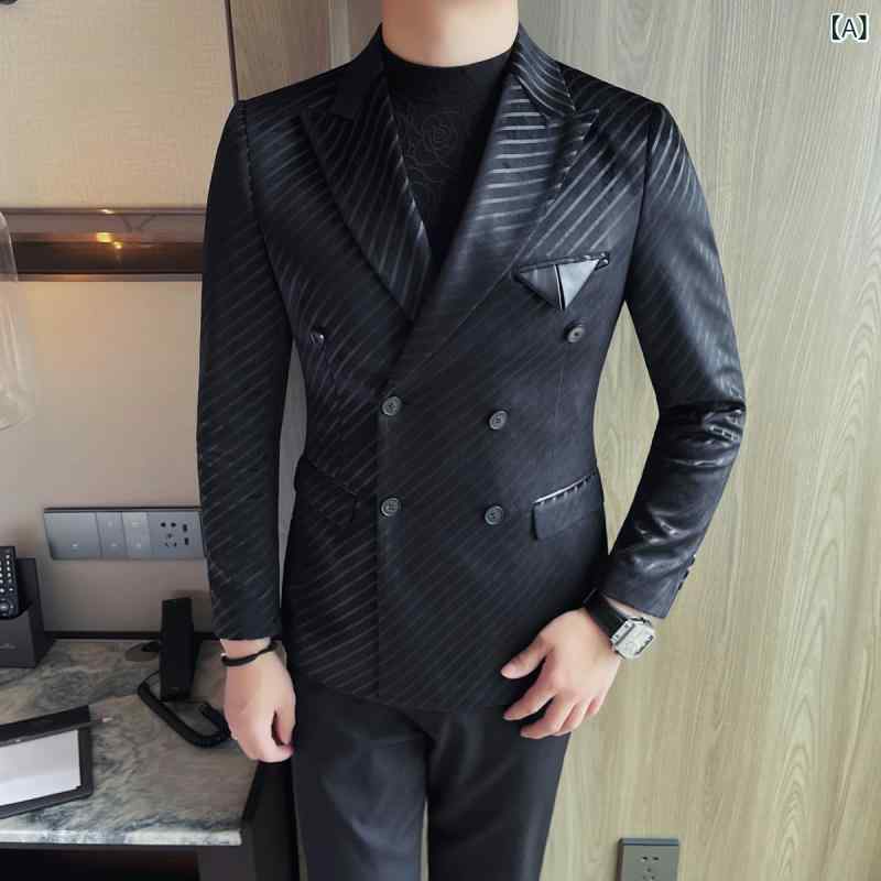 ジャケット メンズ 男性用 韓国風 スリムフィット ダブルブレスト ピークドラペル ツイル テーラード カジュアル ビジネス 春秋 シワになりにくい ポリエステル混紡 ブラック ブラウン