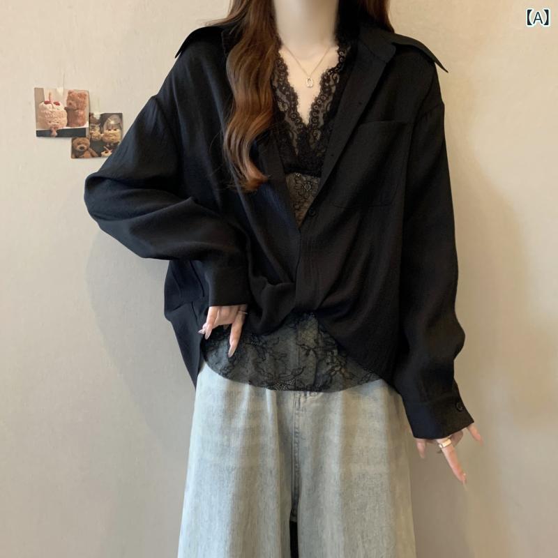 ブラウス レディース 大きいサイズ ゆったり ぽっちゃり ママ スタンドカラー 長袖 フェイクレイヤード 重ね着風 レース 切り替え ホワイト 着痩せ 体型カバー 春夏 きれいめ 大人カジュアル 上品 おしゃれ オフィス 通勤 普段使い