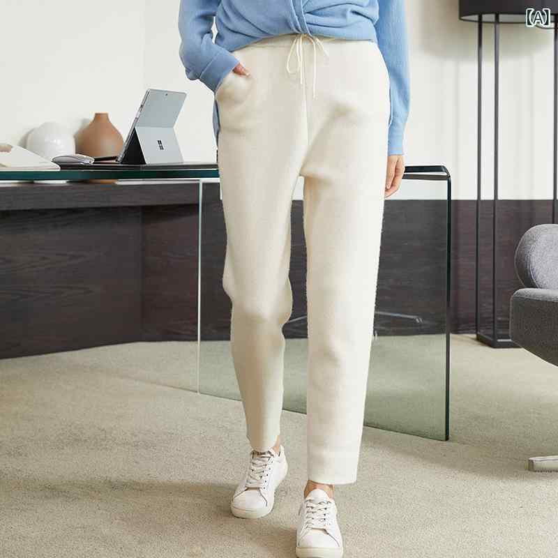 カジュアルパンツ レディース ニットパンツ 羊毛 カシミヤ 混紡 テーパード ハイウエスト ゆったり 厚手 秋冬 ロング丈 美脚 無地 暖か 防寒 柔らかい 伸縮性 シンプル 部屋着 ボトムス オフィス