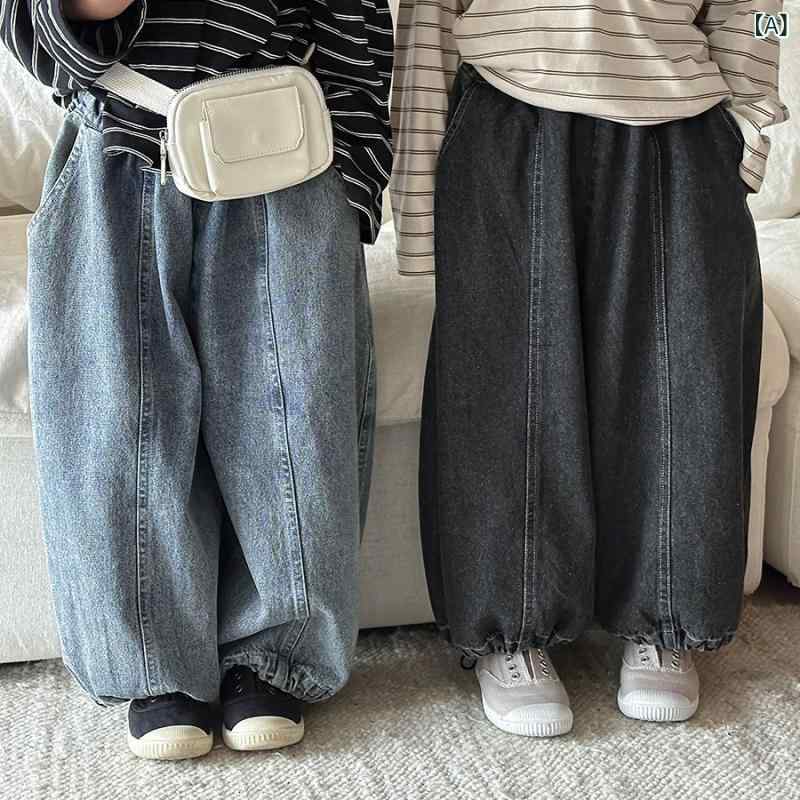 デニムパンツ キッズ 男女兼用 子供服 春秋 ゆったり 切り替え バルーンパンツ 長ズボン コットン 綿 柔らか素材 カジュアル 普段使い 通園通学 お出かけ 無地 ブラック ブルー ボトムス