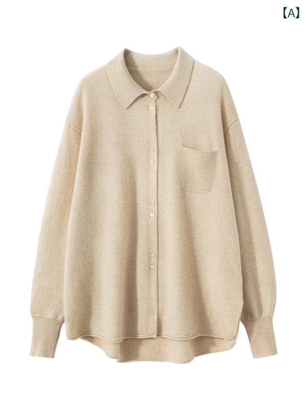 セーター レディース ポロネック シャツ風 長袖 カシミヤ100% ゆったり リラックスフィット 上品 エレガント 秋冬 ニット プルオーバー インナー トップス 重ね着 普段使い オフィス カジュアル