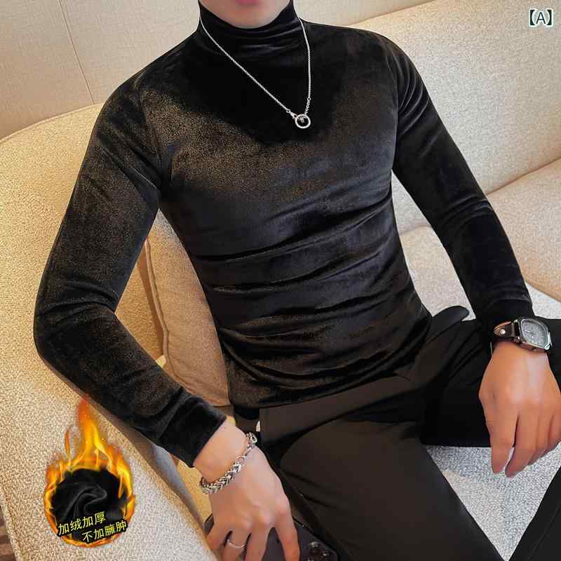 Tシャツ メンズ 秋冬 ベロア 裏起毛 ストレッチ モックネック スリムフィット 上質 プルオーバー デイリーカジュアル カットソー