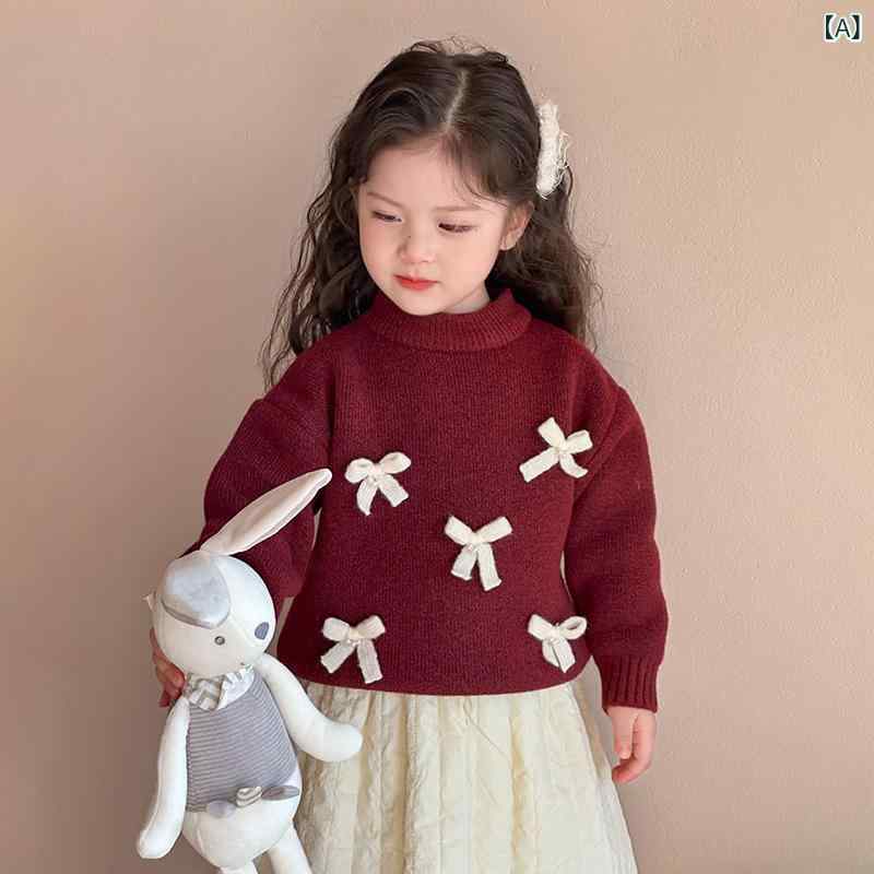 ニット 女の子 セーター ベビー キッズ リボン 韓国風 秋冬 厚手 長袖 プルオーバー 円ネック アクリル 着回し 普段使い お出かけ かわいい プリンセス レッド ベージュ