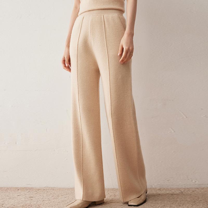 ボトムス レディース 女性用 秋冬 カシミヤ混 ニット リブ ハイウエスト センタープレス ワイドストレート ゆったり カジュアル きれいめ 通勤 オフィス 着回し ロングパンツ 微ストレッチ｜Hanbok Home