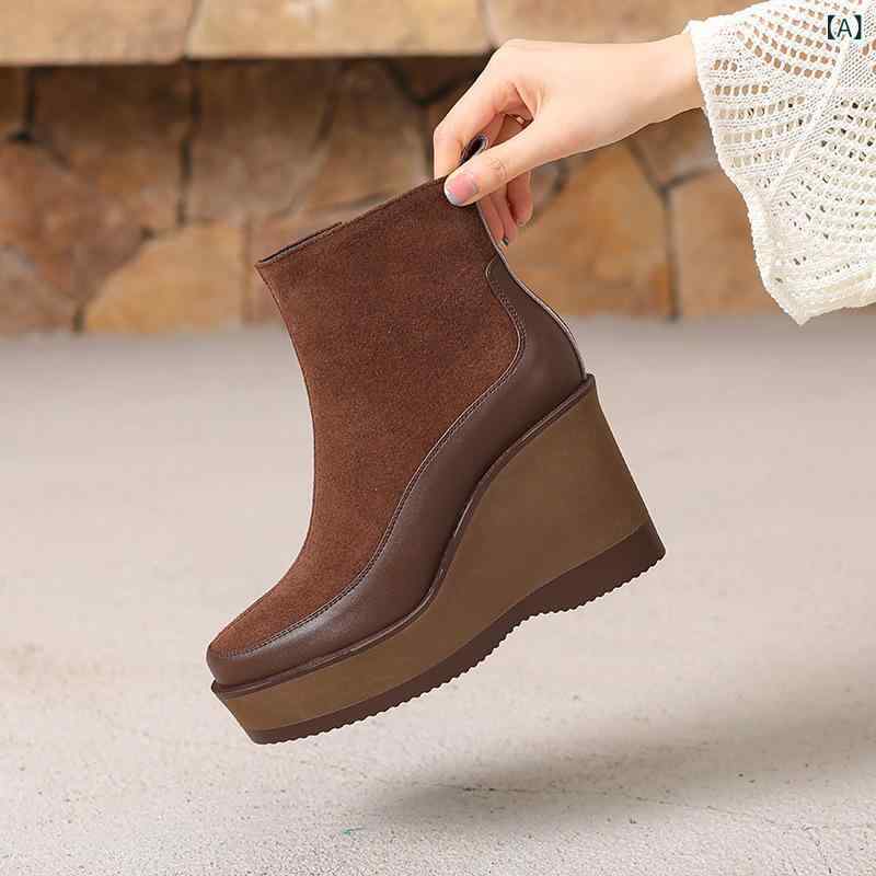 チェルシーブーツ レディース 女性用 9cm 超高ヒール ショートブーツ 厚底 プラットフォーム ウェッジソール サイドジップ ラウンドトゥ スエード調 ブラウン ブラック 秋冬 カジュアル スタイルアップ|Hanbok Home