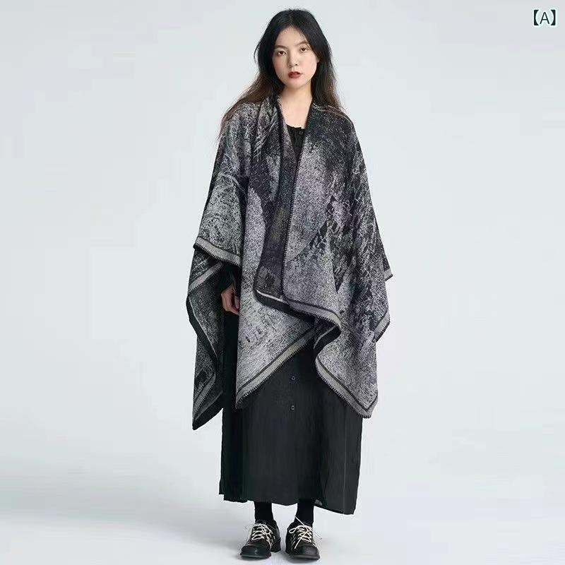 ポンチョ ユニセックス フェイクカシミヤ カシミヤタッチ 秋冬 あったか 厚手 大判 リバーシブル スリット入り エスニック柄 シンプル ショール ストール マフラー ダークカラー カジュアル