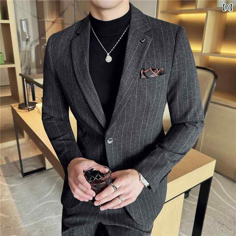 背広 メンズ 秋冬 縞模様柄 か細い相応う シングル名取り草 テーラードジャケット 商行為 心地よい 事務所心地よい フォーマル 寄り合い 2点仕かける