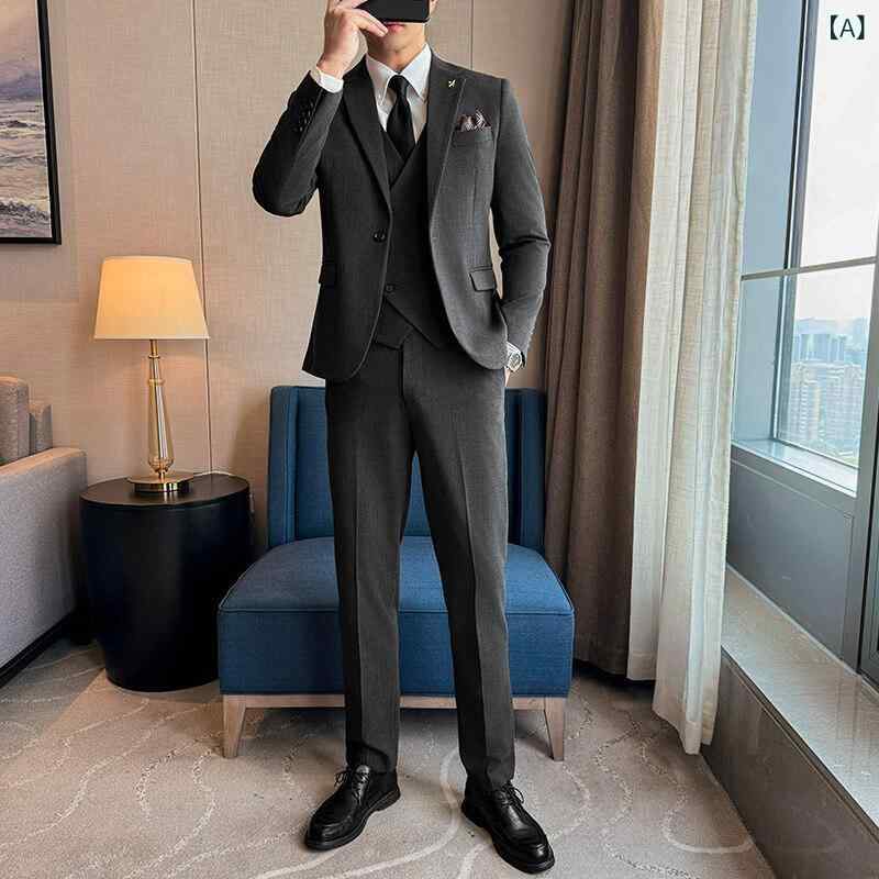 スーツ メンズ 男性用 春秋 上質 スリーピース シャドーチェック柄 カジュアル ビジネス スマート ワンボタン スリムフィット コットン