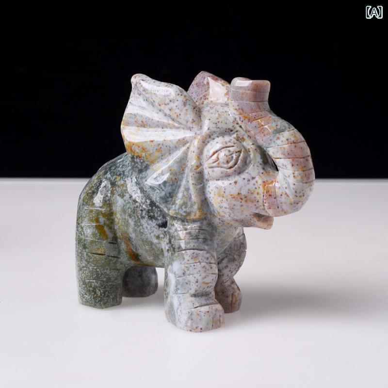 置物 天然クリスタル 原石 海洋碧玉 象 ゾウ 手彫り 彫刻 オブジェ 開運 縁起物 風水 インテリア 装飾品 コレクション ヒーリング アニマルモチーフ 癒し マスコット｜Hanbok Home