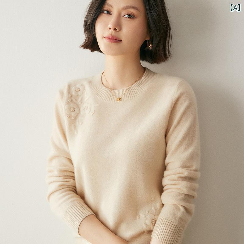 ニット レディース 秋冬 カシミヤ混 クルーネック 花柄 刺繍 ルーズフィット 長袖 プルオーバー 無地 ソフトタッチ 上品 肌触り 優雅 デイリー 体型カバー