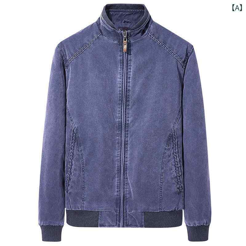 ジャケット メンズ 男性用 スタンドカラー スリムフィット ウォッシュ加工 コットン レトロ ヴィンテージ カジュアル 厚手 秋冬 ブルゾン アウター ファッション トレンド ブルー カーキ ブラック