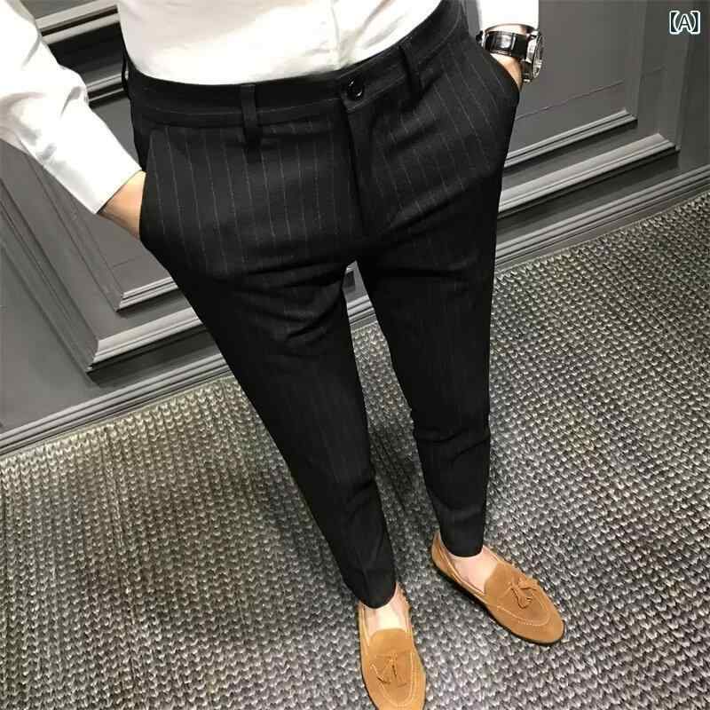 スラックス メンズ スリムフィット テーパード ストライプ柄 アンクル丈 コットン 微ストレッチ ノーアイロン 高級感 韓国風 トレンド おしゃれ スタイリッシュ ビジネス カジュアルパンツ
