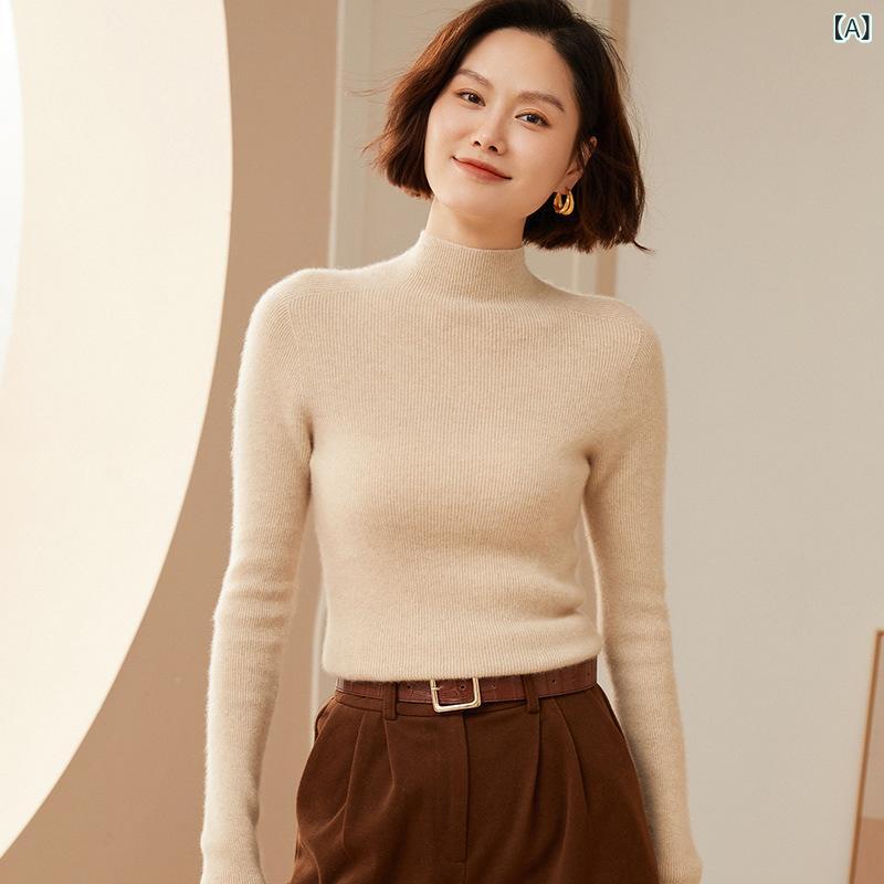 ニット レディース 女性用 100% カシミヤ ハイネック ハーフネック プルオーバー 長袖 無地 スリムフィット ホールガーメント 秋冬 トップス インナー 通勤 オフィス 上品 エレガント 大人