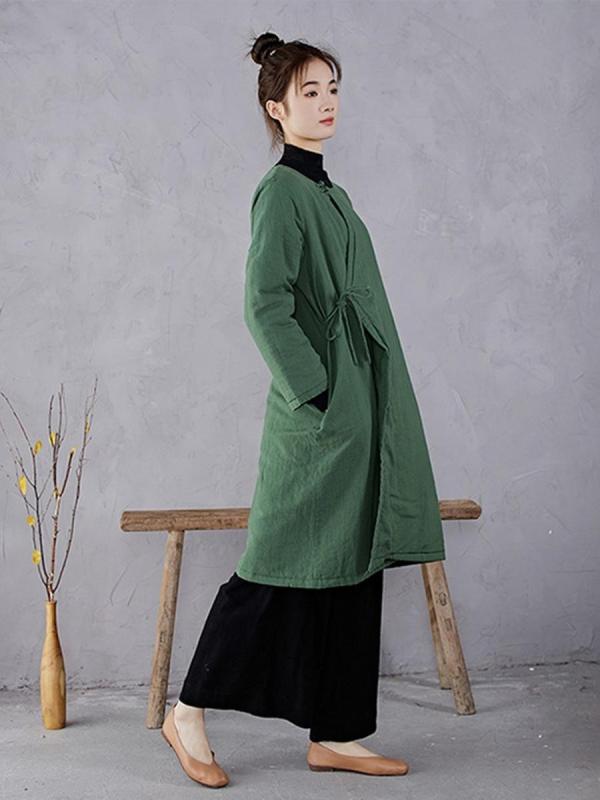中綿コート レディース 女性用 中華風 漢服風 レトロ エスニック ラウンドネック ミドル丈 ゆったり オーバーサイズ 綿 コットン キルティング グリーン 無地 秋冬 暖かい 防寒 普段使い カジュアル