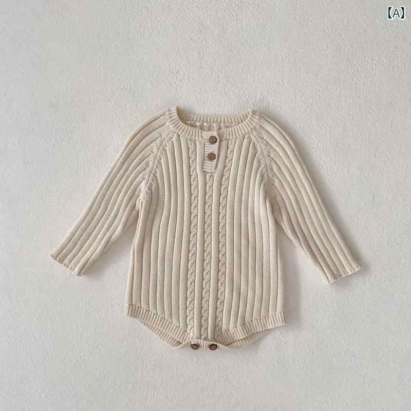 カバーオール ベビー 女の子 乳幼児 春秋 クルーネック 長袖 ニット 綿100% 厚手 前開き オフホワイト 無地 カジュアル ベーシック ロンパース