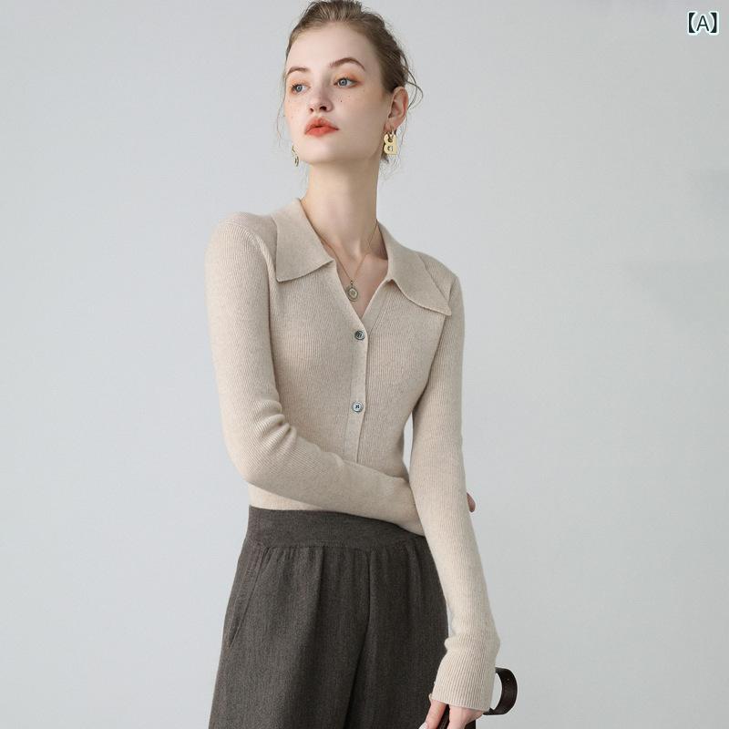 ニットカーディガン レディース 女性用 秋冬 ポロ襟 ポロネック 細身 長袖 カシミヤブレンド ウールニット 高級感 厚手 通勤 オフィス 普段使い アウター ボタン付き