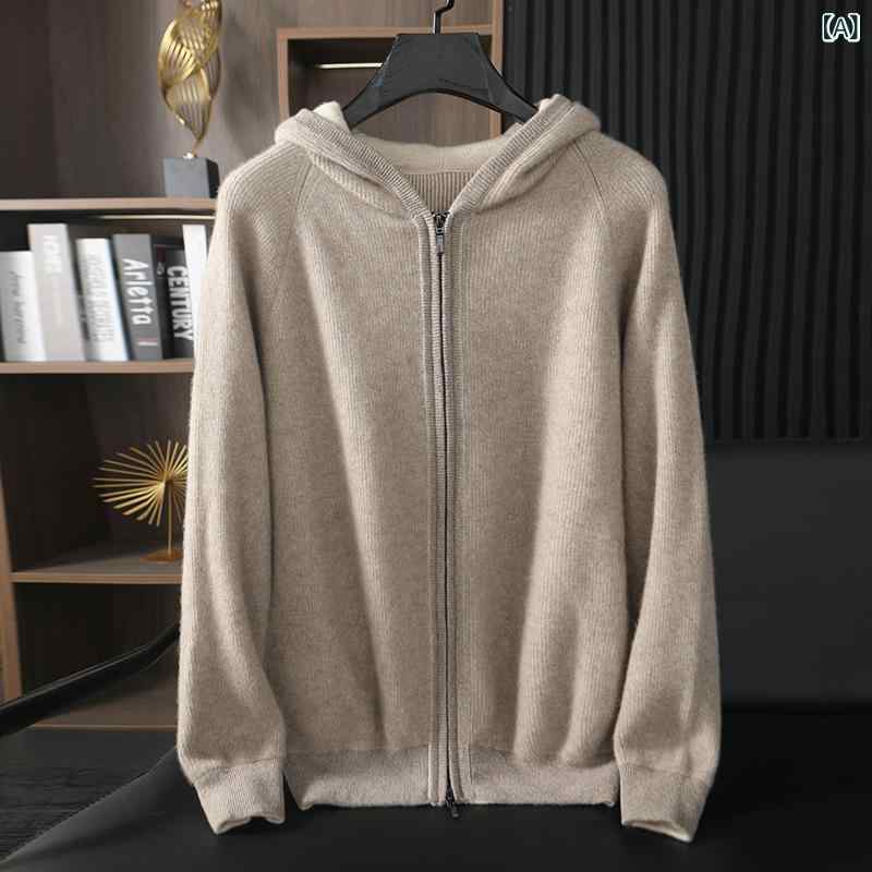 メンズ カシミヤ100% フーデッドニットカーディガン パーカー セーター ゆったり オーバーサイズ 厚手 保温 カジュアル リラックスウェア 長袖 秋冬 無地 ネイビー グレー