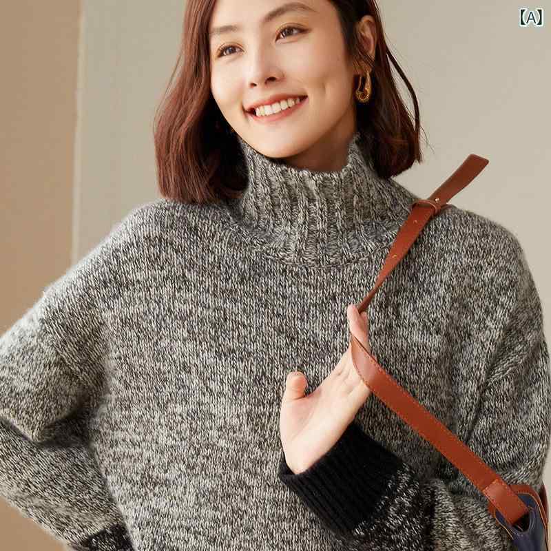 ニット レディース カシミヤ 着痩せ効果 秋冬 ゆったり ルーズ スタイリッシュ 長袖 上品 エレガント カラーブロック ハイネック セーター 厚手 ブラック グレー 通勤 オフィス カジュアル