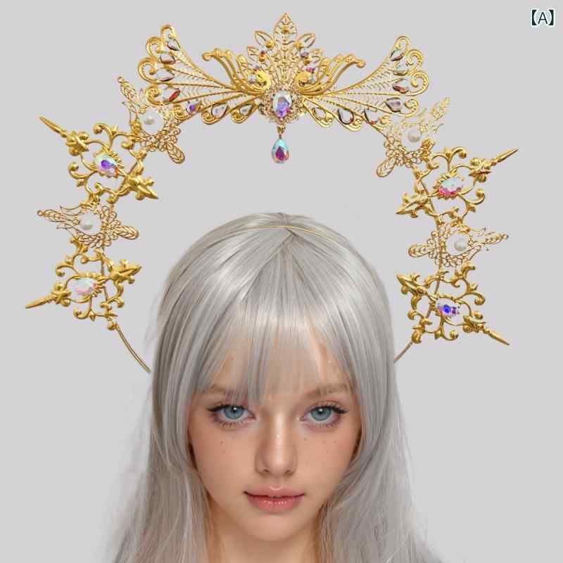 ヘッドドレス 男女兼用 クラウン ティアラ マリア様ハロー 額飾り 豪華 大ぶり ゴージャス 写真撮影 舞台 結婚式 パーティー イベント ファッションショー ハンドメイド 合金 ゴールド