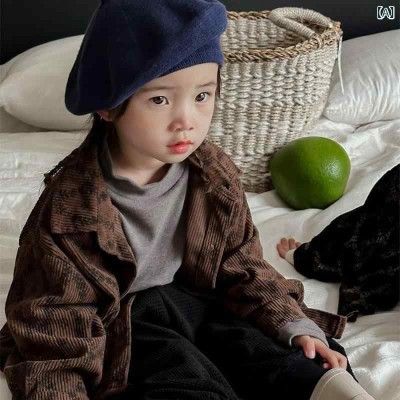 シャツ キッズ ベビー 男の子 女の子 小花柄 コーデュロイ 長袖 ナチュラル レトロ かわいい カジュアル アウター カーディガン 羽織り 通園 通学 普段使い 秋冬 コーヒーブラウン ブラック