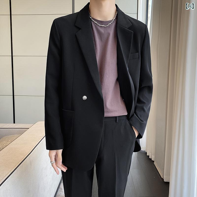 テーラードジャケット メンズ 男性用 大人カジュアル きれいめ リラックスフィット ゆったり 無地 スタンドカラー ダブルブレスト 春秋 ビジネス 通勤 オフィス 形態安定 イージーケア 綿混 ポリエステル