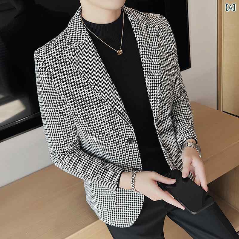 ジャケット メンズ 男性用 春秋 カジュアル チェック柄 グレンチェック スリムシルエット 細身 しわになりにくい ポリエステル混紡 シングルブレスト テーラードカラー 2つボタン