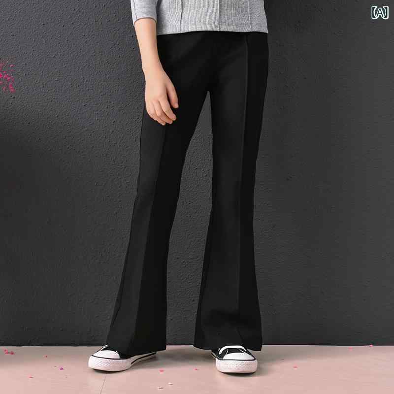 パンツ 女の子 キッズ ジュニア 小中学生 フレアパンツ 綿 ストレッチ ブラック 黒 ハイウエスト 無地 おしゃれ 美脚 ロングパンツ 通学 普段使い 春秋 韓国ファッション