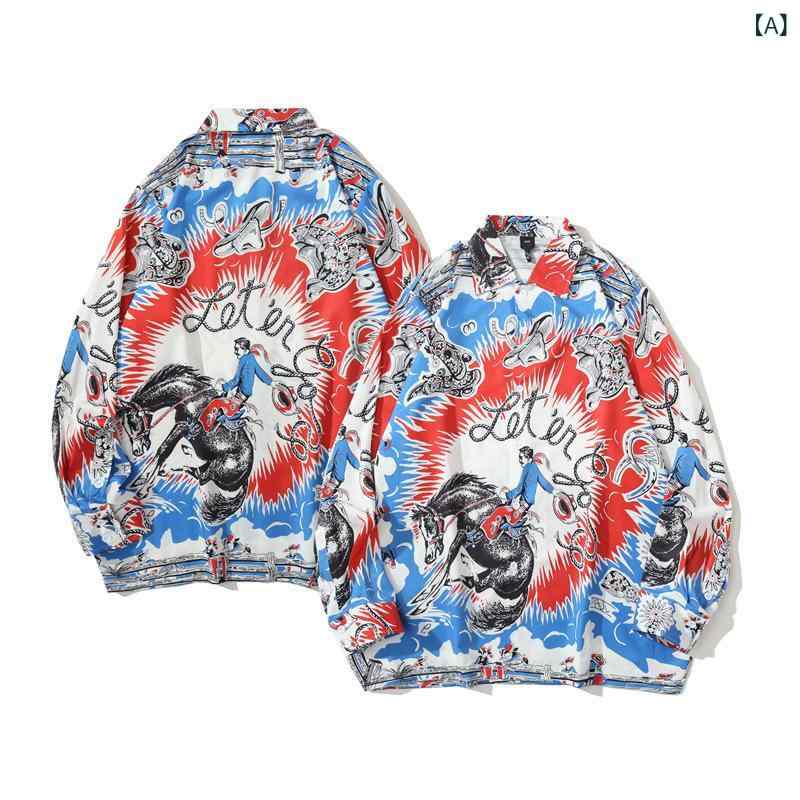 シャツ 男女兼用 カップル 長袖 香港風 個性的 花柄 SNS風 レトロ ゆったり ルーズフィット ビッグシルエット 秋冬 ポリエステル 襟付き 開襟 シワになりにくい カジュアル 普段使い