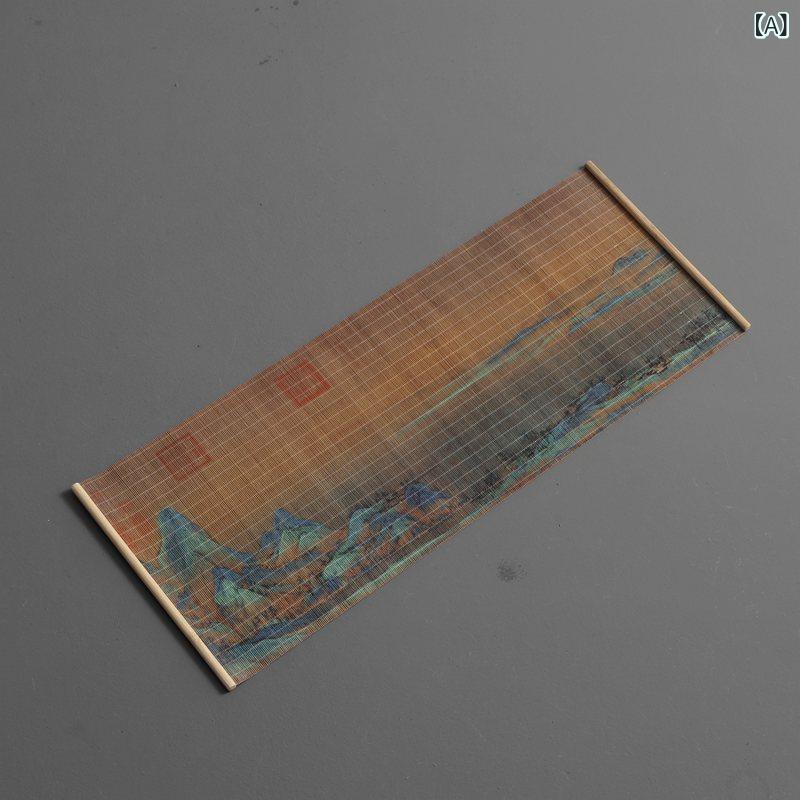 茶器マット 彩り豊かな山水画柄 細竹製 茶席 小型 和風 ティーマット 和モダン アジアン雑貨 普段使い 来客用 薄型 竹ひご 竹マット