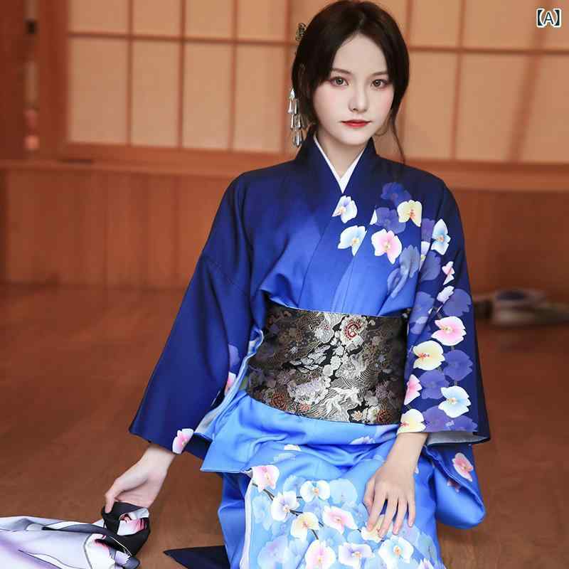 和服 着物 レディース 女性用 深い青色 ダークブルー 胡蝶蘭柄 秋冬 シワになりにくい 防シワ加工 厚手 改良版 フォーマル 正装