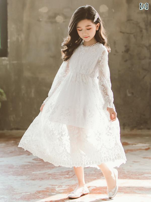 ワンピース キッズ 女の子 ジュニア プリンセスドレス ふんわり チュール レース 長袖 韓国風 おしゃれ かわいい 春秋 コットン フォーマル 発表会 結婚式 ホワイト