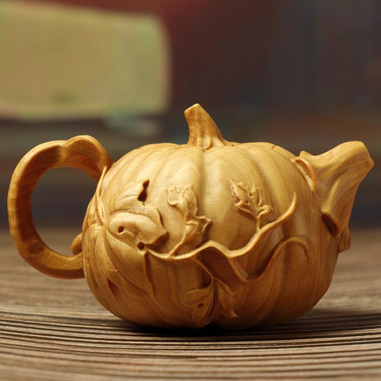 茶道具 中華風 黄楊木彫刻 南瓜型 茶寵 置物 掌中玩物 デスク オブジェ インテリア 精巧 手彫り 磨き仕上げ ギフト コレクション 縁起物