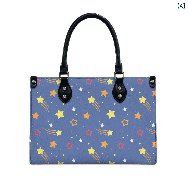 バッグ レディース スクエア型 横型 星空コミック柄 PUレザー 合成皮革 3WAY ハンドバッグ ショルダーバッグ 斜め掛け 大容量 デイリーユース 春夏